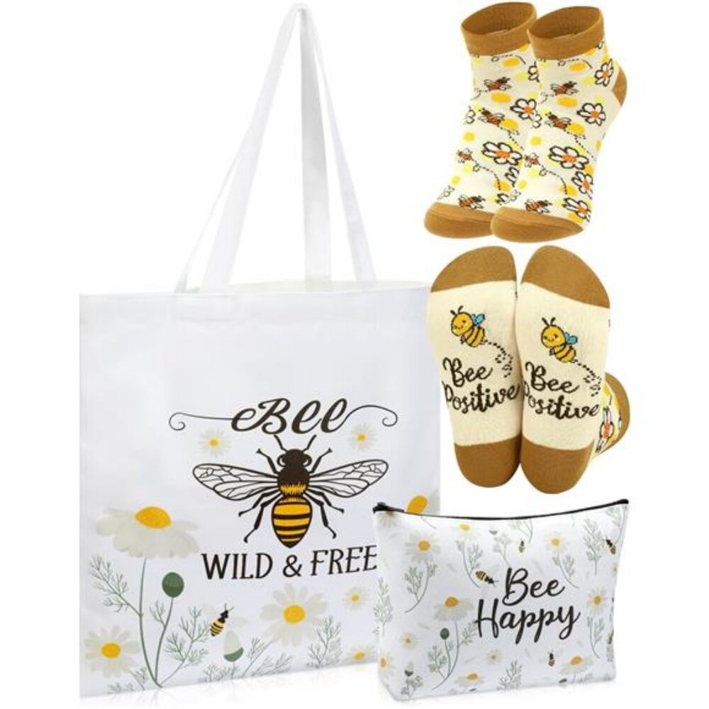 3 Pcs Bee Themed Gifts for Women Funny Honeybee Canvas Tote Bag with Zipper